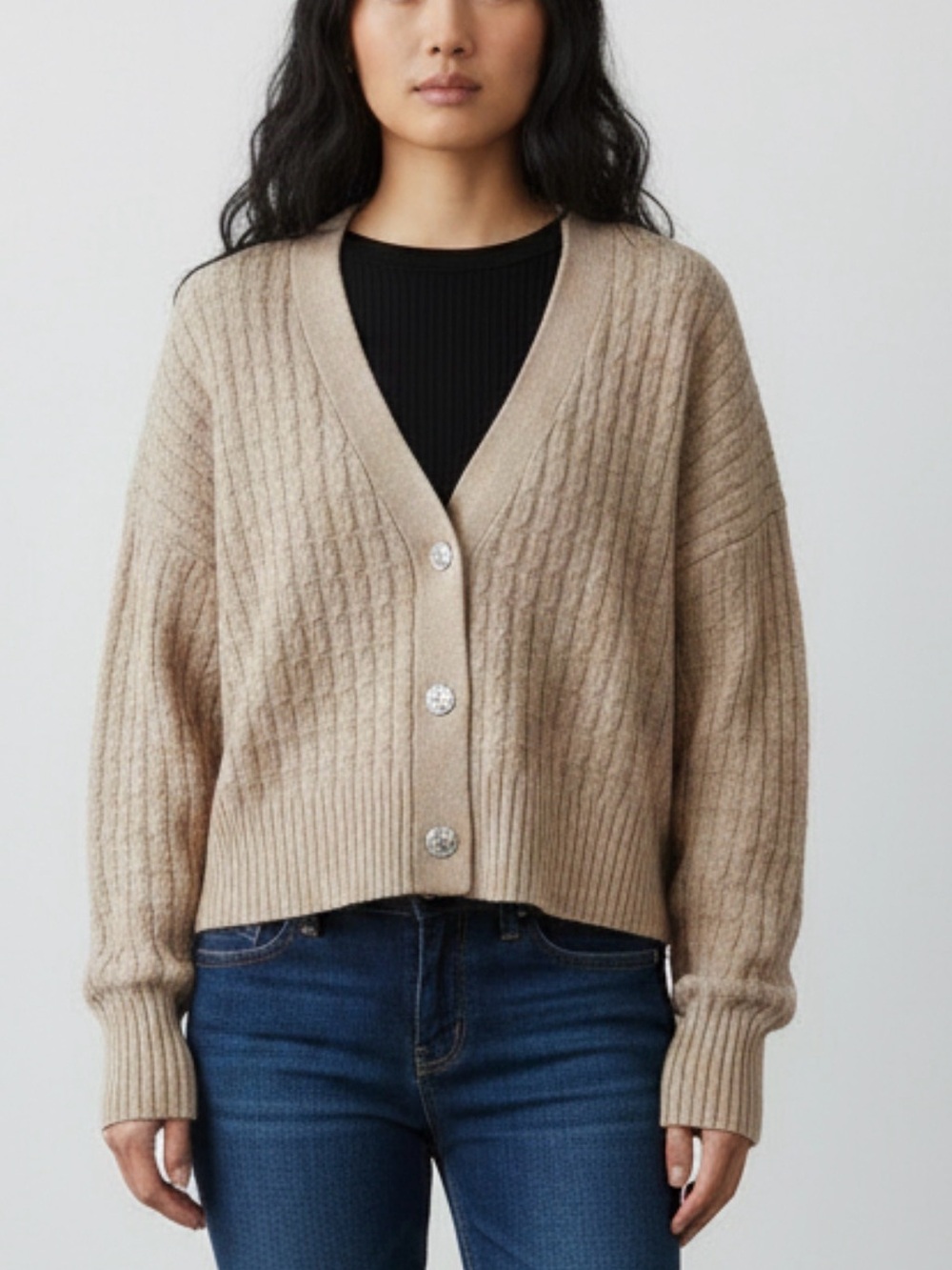 Anne Klein Beige Ribbed V-Neck Button Cardigan size small